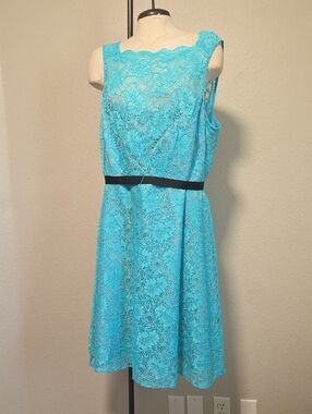 Calvin Klein Turquoise Lace Midi Dress with Black Belt